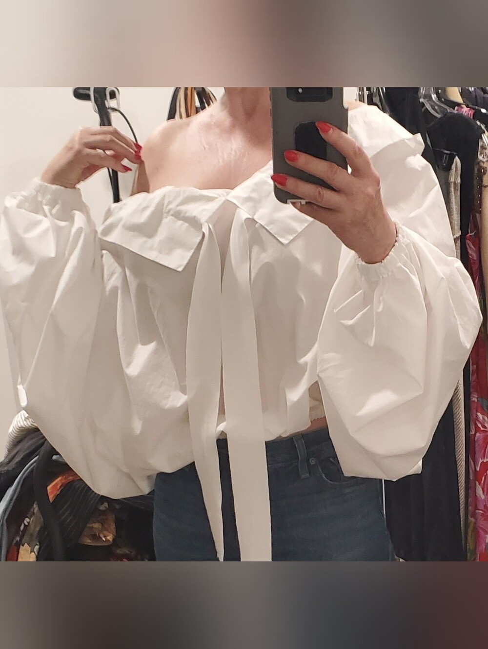 Patou White Ruffled Tie-Neck or off shoulder Cropped Blouse Top Fits S-M-L